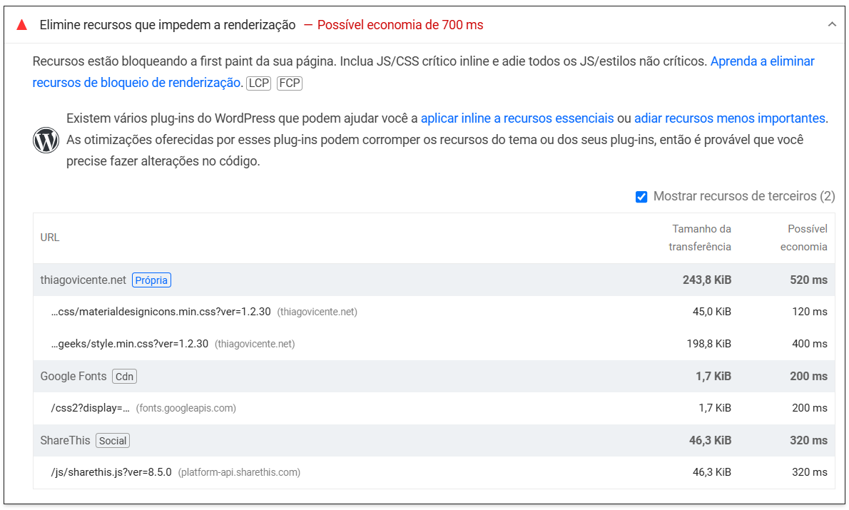 elimine recursos que impedem a renderização site